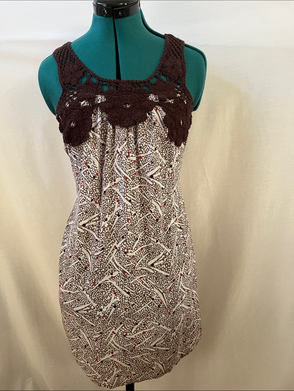 Hazel 100% Cotton Brown Crochet-Trim Sleeveless Printed Tunic/Mini Dress